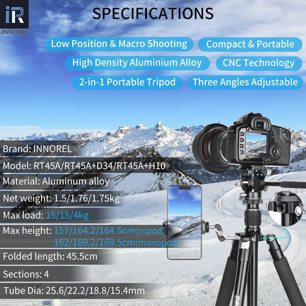 Treppiede Professionale INNOREL RT45A+H10 - Trasformabile In Monopiede, Testa Fluida, Per Fotocamere E Videocamere - 3