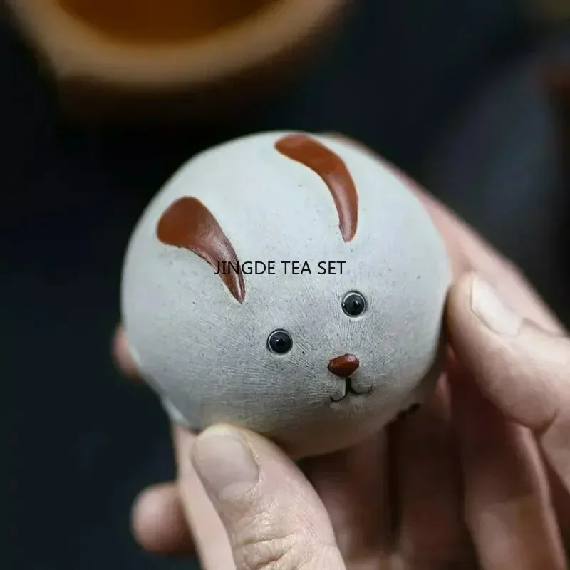 Yixing Purple Clay Tea Pet Zodiac Rabbit Statue Tea Carving Crafts Handmade Purple Clay Tea Set Ornament