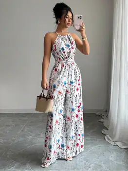 Women's Floral Print Jumpsuit, Bow Tie Waist Elegant Romper, Casual Fitted for Daily Outdoor Wear, Stylish Ladies' Clothing 1