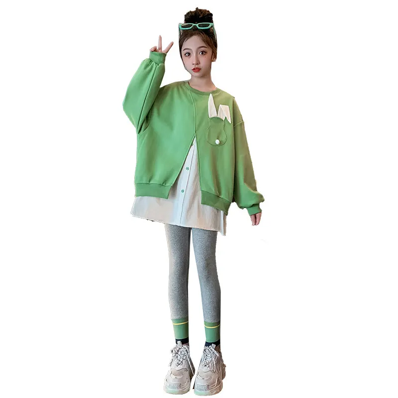 

New Teenage Girls Fashion Split Sweatshirt+Leggings Two Pieces Pink Green Cotton Children Autumn Costume for Kids Casual Outfits