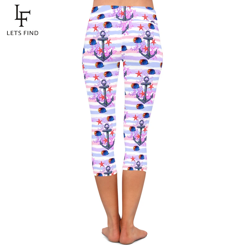 LETSFIND 220gsm Double Side Brushed Milk Silk Anchor Print Women Mid-Calf Leggings High Waist Capri Legging
