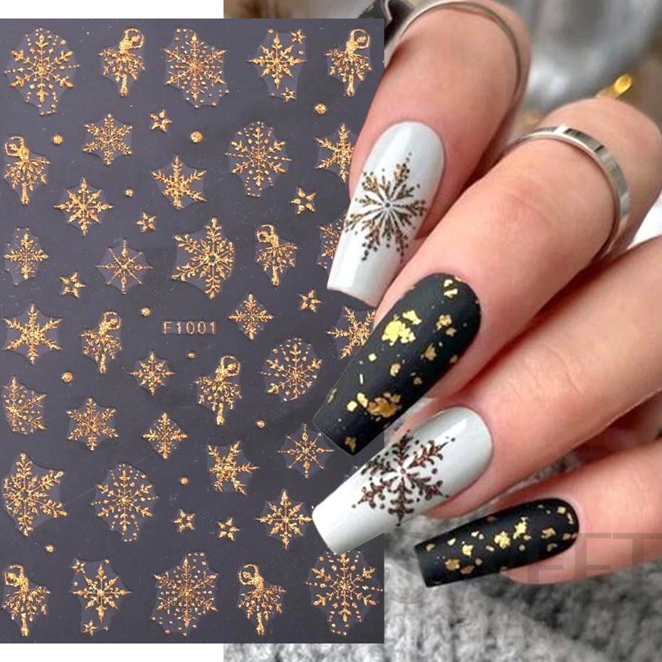 Nail Stickers 3D Gold Glitter Snowflake Nail Sticker Winter Reflective Sweater Star Dancer Christmas Tree Foil Xmas New Year Decal Tips