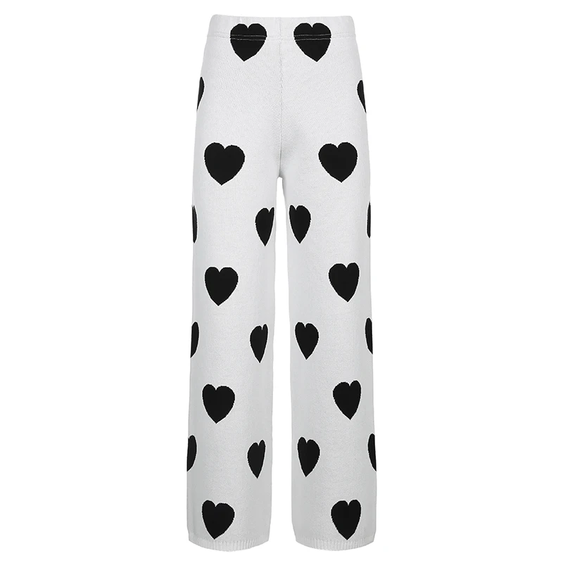 Winter Harajuku Black Heart Knit Wide Leg Pants Women Fashion High Waist Baggy Y2k Sweatpants White Trousers Capri Streetwear