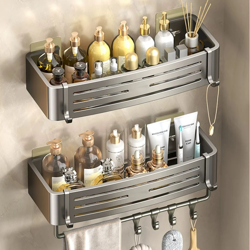 Aluminum Bathroom Shelves Wall Towel Rack Mounted Shower Caddy With No Drilling Design For Toiletries And Bathroom Accessories 2