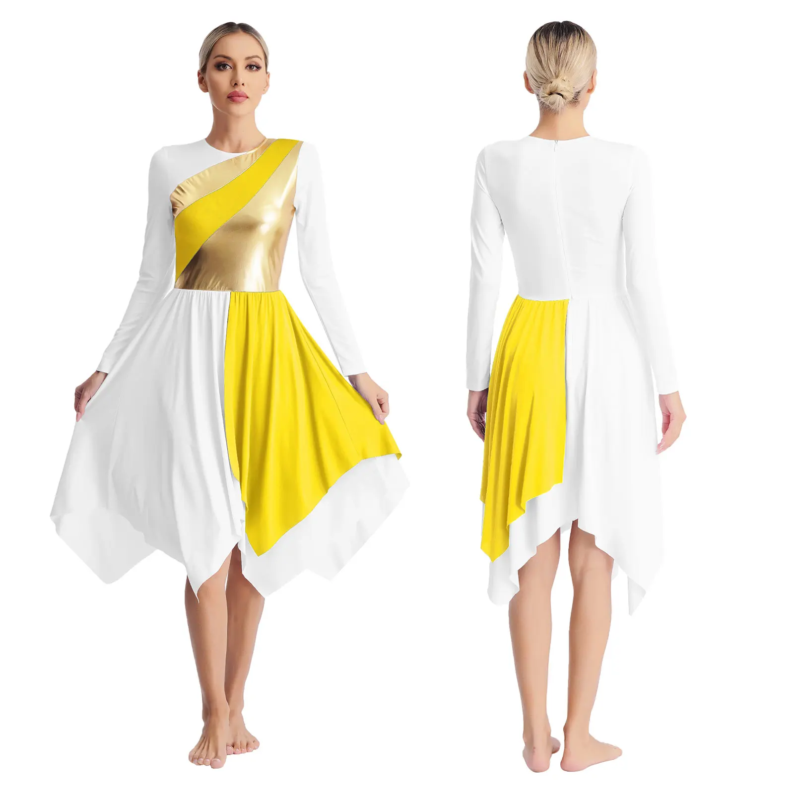 IBAKOM Vestido Largo De Baile De Alabanza Para Mujer, Color Dorado, Metálico, Alto Y Bajo, Disfraz De Adoración Litúrgica, Túnica De Baile Lírico, Azul Oscuro Alto-bajo, Pequeña