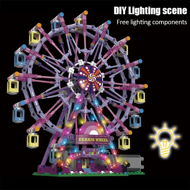 ZKZC Cherry blossom color City Friends Seven Colors LED Rotating Ferris Wheel Building Blocks Electric Bricks Toy Children Gifts 3
