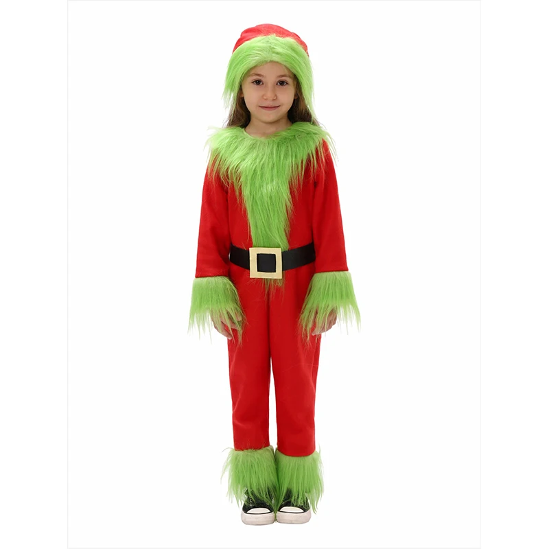 

2024 New Year Boy Xmas Claus Outfit Jumpsuit With Hat Furry Green Girl Kids Santa Christmas Costume