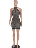 Mesh Sheer Crystal Mini Dress Summer Womens Sleeveless Sequined See Through Bodycon Dresses Clubwear