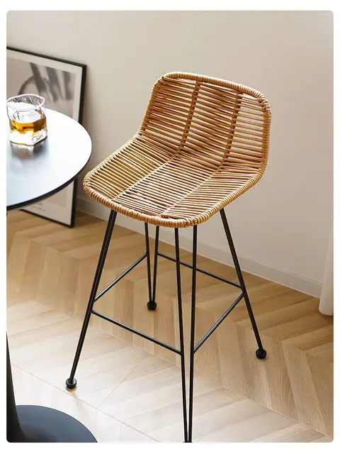 MOMO Scandinavian Rattan High Chair Outdoor Rattan Bar Stool Front Desk Chair Rattan High Chair Leisure Balcony Chair Bar Stools