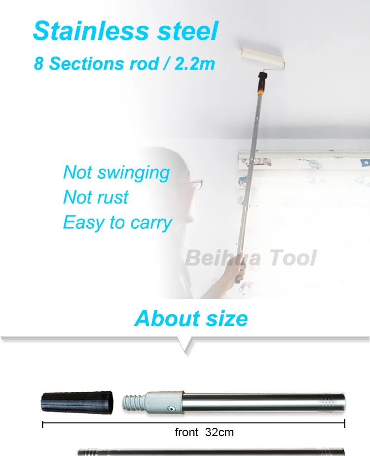 Description Picture 4 of item8 Sections/2.2m Paint Roller Extension Pole Stainless steel Paint Telescopic Stick detachable Cleaning Rod Painting handle Tools