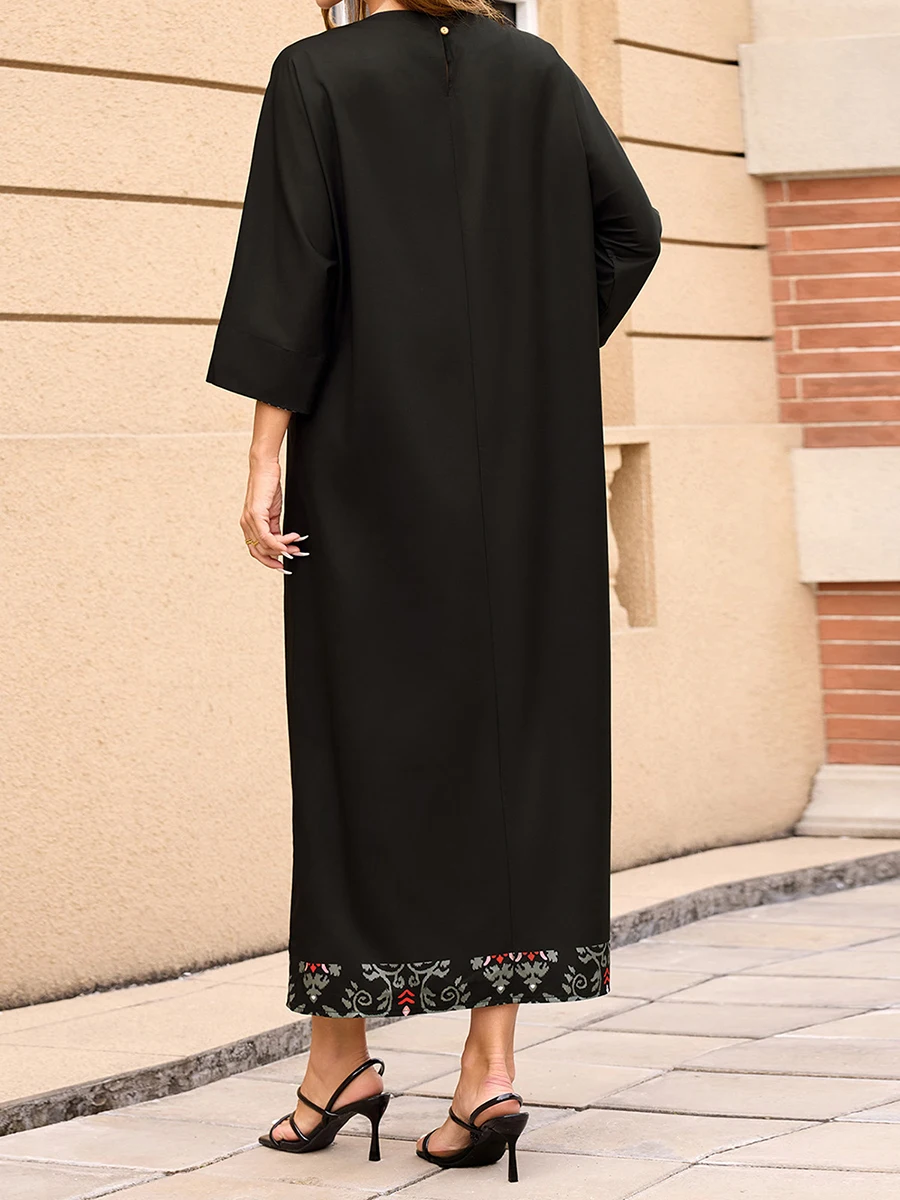 Elegant Floral Maxi Dress with 3 4 Sleeves Round Neckline and Flowy Silhouette - Perfect for Summer Events and Casual Outings