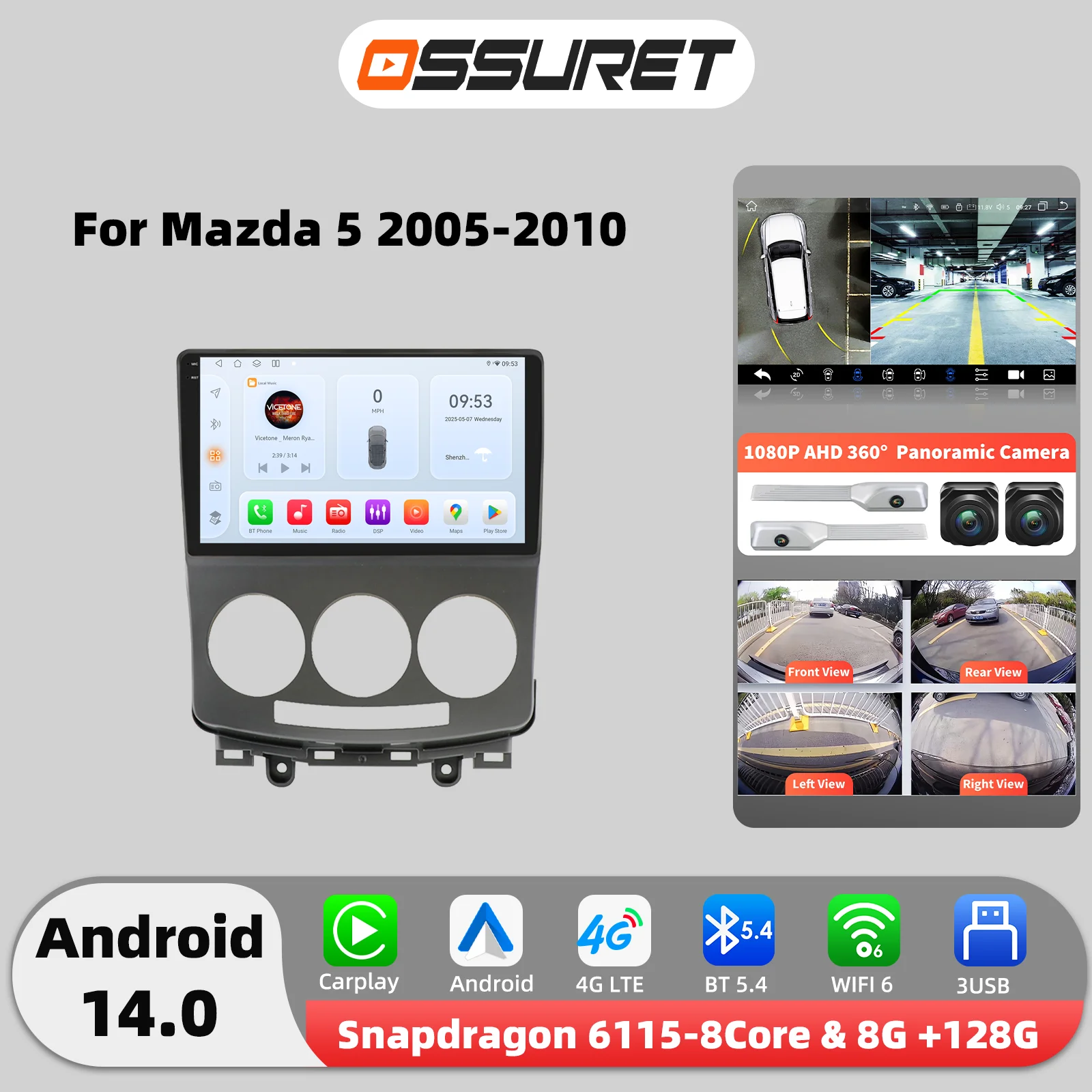 6115 8 Core Android 14 Auto radio Für Mazda 5 2005 2006 2007 2008 2009 2010 Carplay für Apple multimedia-player GPS 360 Cam Bildschirm