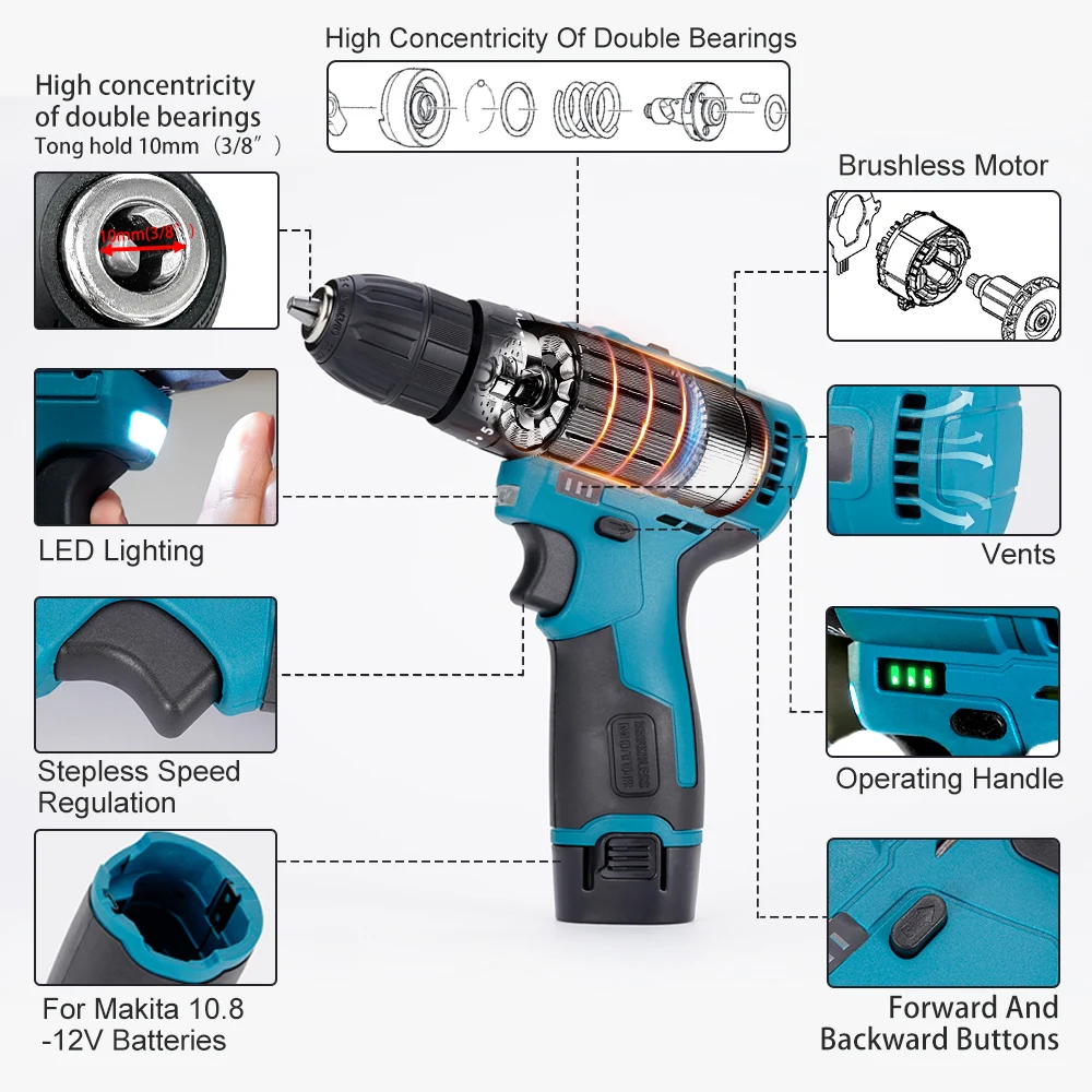 Brushless Electric Hammer Drill 2-Speed 3 in 1 Impact Drill Screwdriver Portable Woodworking Tool For Makita 10.8V Battery