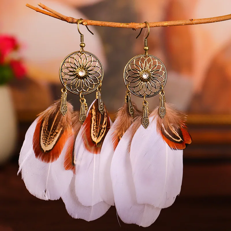 Bohemian Retro Hollow Sunflower Long Feather Dangle Earrings For Women Summer Beach Tassel Drop Earrings Wedding Bride Jewelry