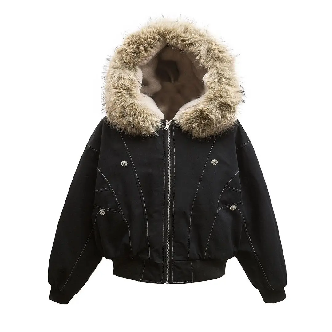 Fur Collar Hooded Cotton-padded Jacket Men And Women American Cleanfit Y2K Hip Hop Harajuku Vintage cotton jacket,parka coat,parkas coat