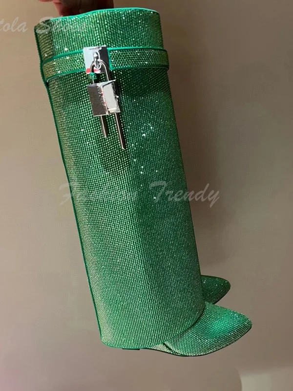 Pink Crystal Flat Knee Boot Women Luxury Diamond Black Leather Round Toe Calf Booties Silver Black Metal Buckle Zip Fashion Shoe