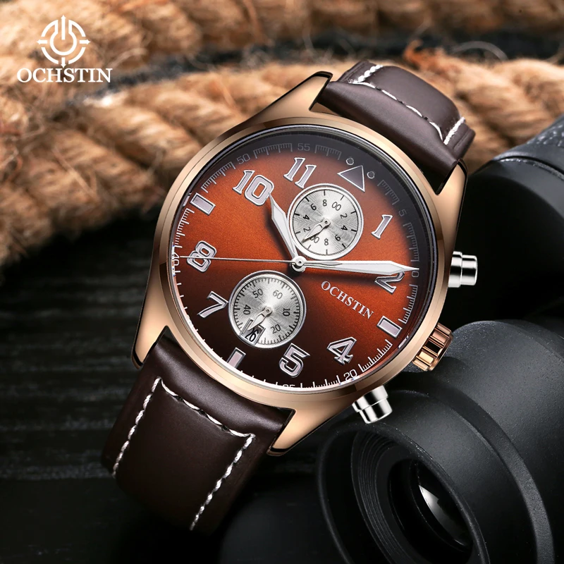 Ochstin Top Brand Multifunctional Quartz Watch Leather Strap Mineral Hardened Galss 30 Meters Life Waterproof Watches
