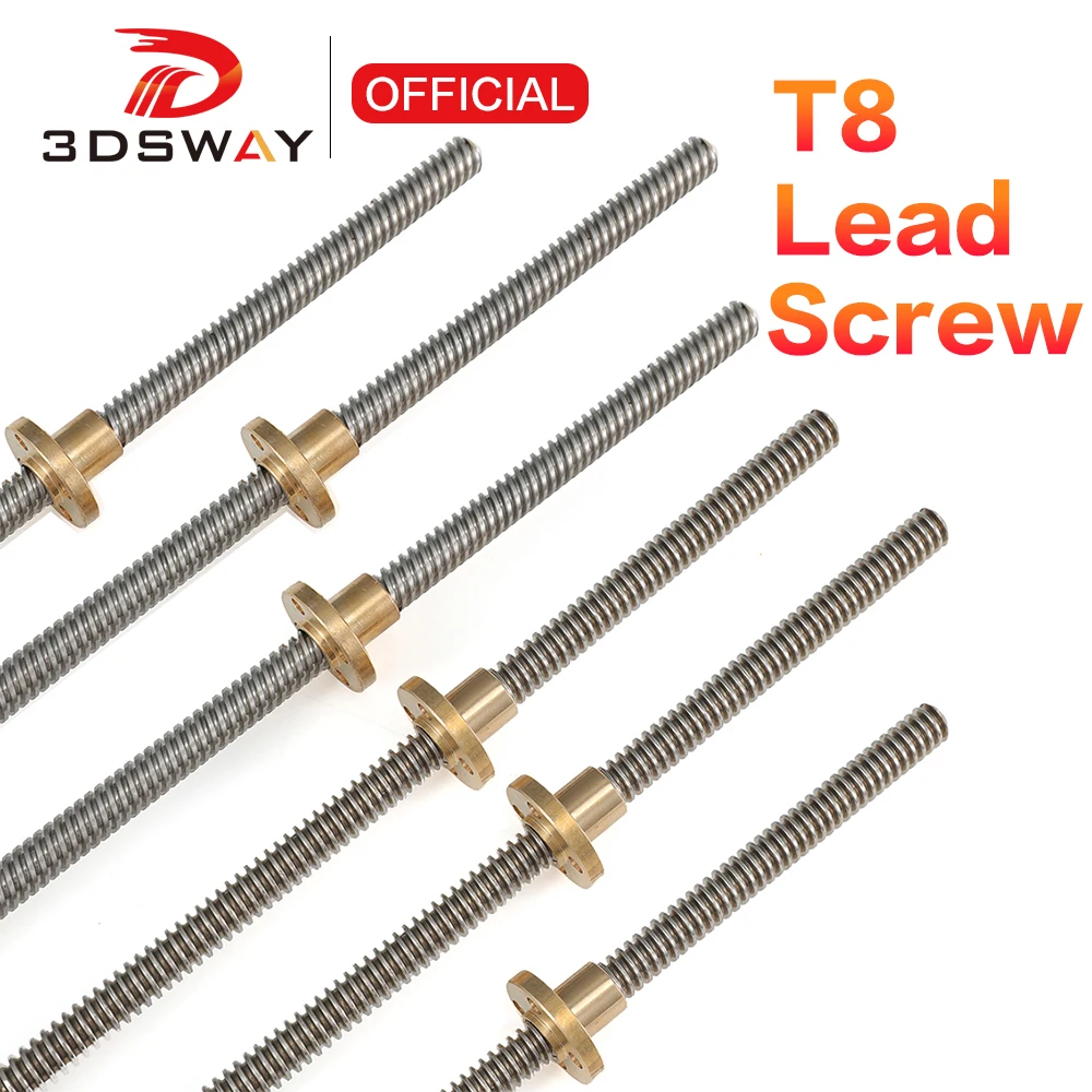 3DSWAY CNC 3D Printer Parts T8 Lead Screw Pitch 2mm Lead 2/4/8mm with Brass Nut Trapezoidal Rod Length 100mm-600mm for Z Axis