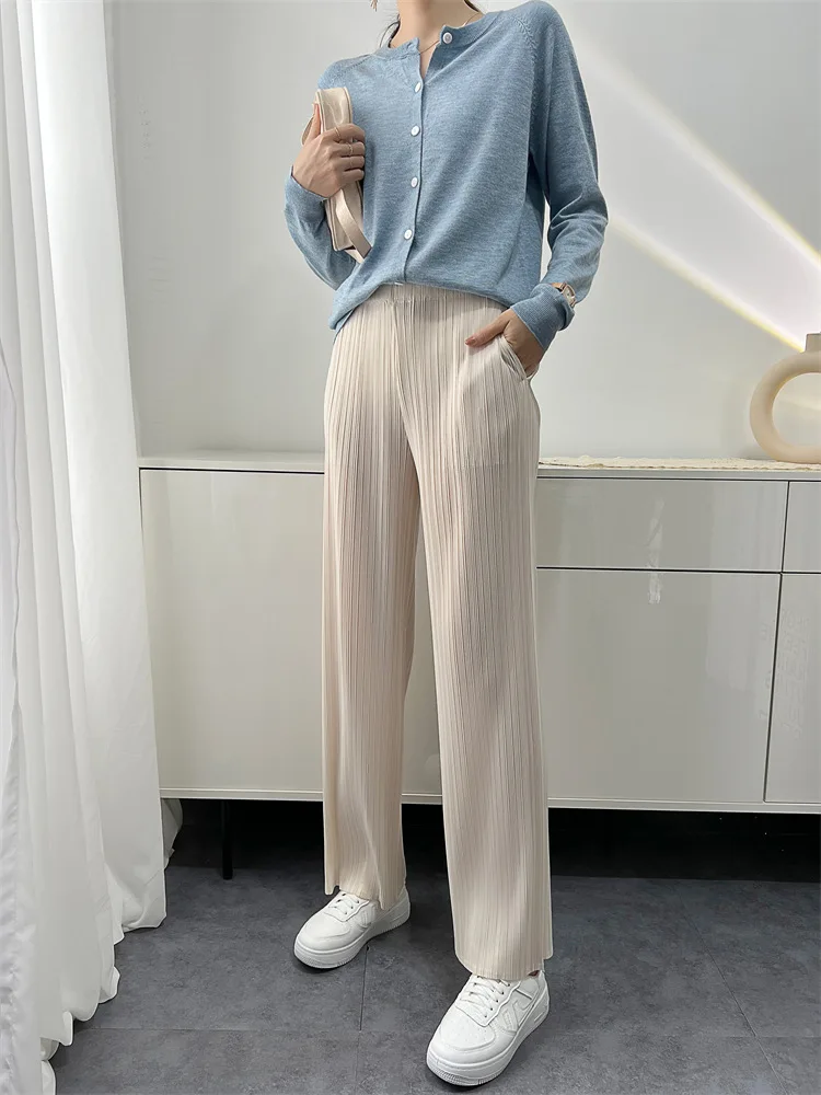Summer New Casual Pants Simple Loose Comfortable Stretch Pleated Straight Nine Pants Women's Lightweight Fabric 90/95 Cm
