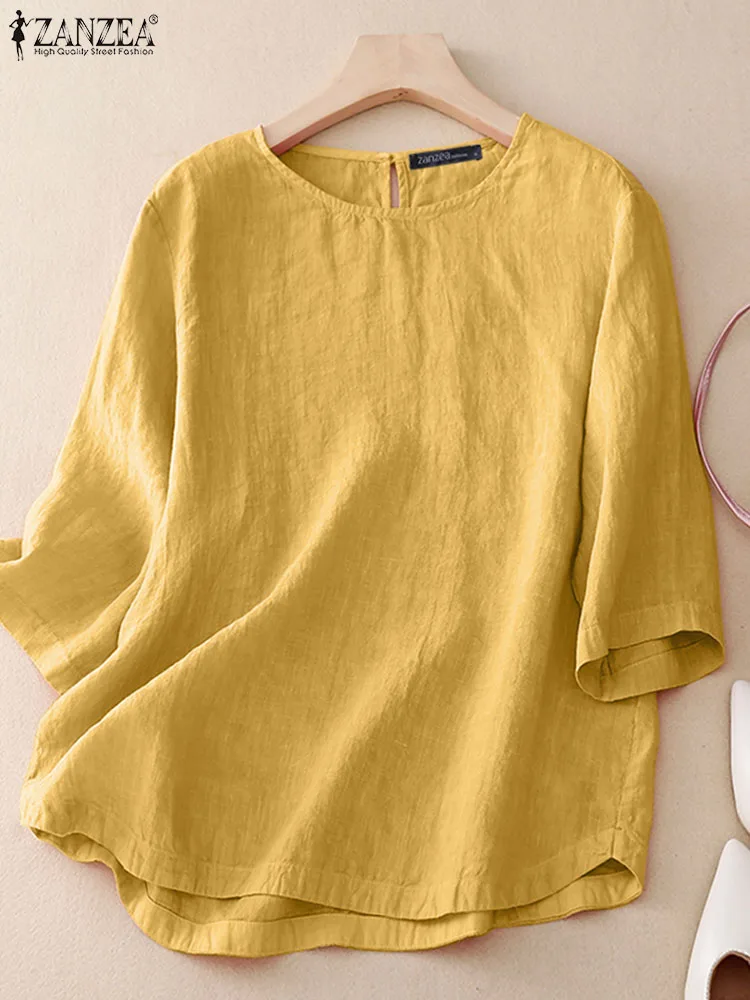 

Women Blouse Summer Vintage Half Sleeve Tops ZANZEA Female Cotton Blouses Woman Solid OL Shirt Party Blusas Tunic Mujer Femme