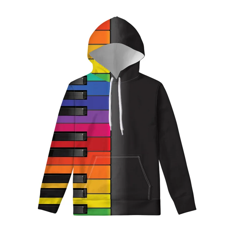Sudadera con capucha con estampado de teclado de piano en blanco y negro para hombre, sudadera clásica con estampado 3D, sudadera de manga larga, sudadera informal de calle