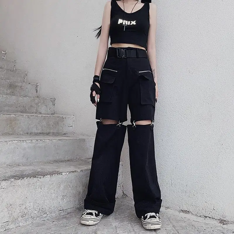 Black Cargo Pants Women Streetwear Zipper Big Hole Hollow Out Punk Wide Leg Oversize Pockets Trousers Female Hip Hop mens men s studded design slant pockets drawstring daily streetwear beam feet jeans m black