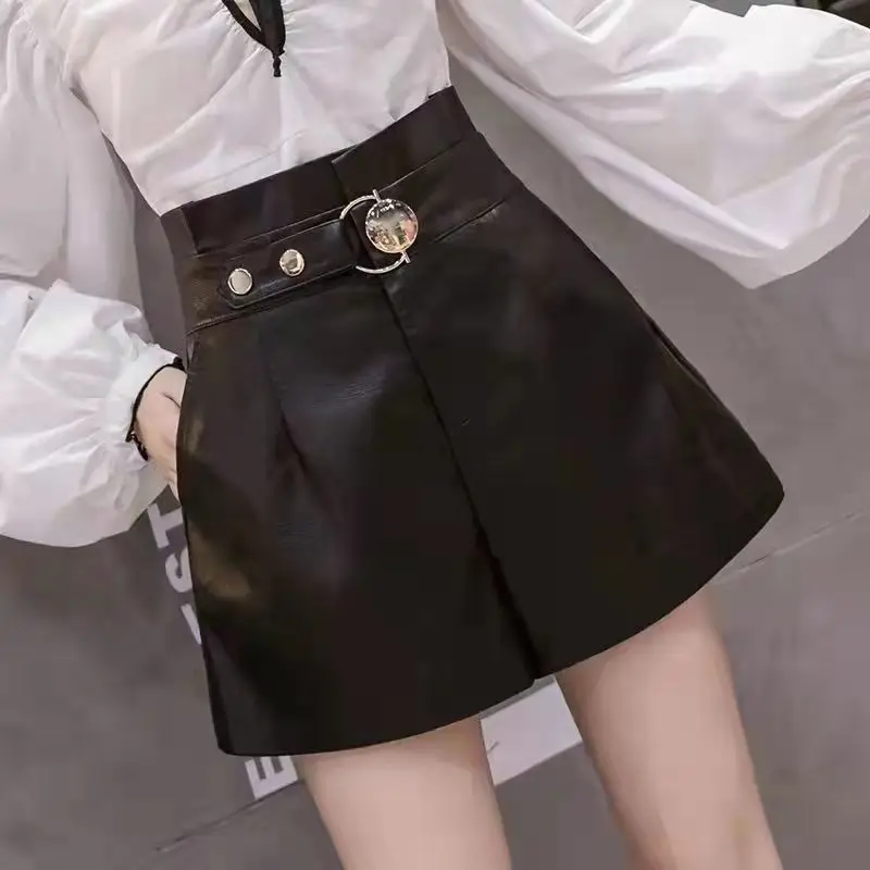 Women's Clothing Korean Simplicity High Waist Sashes Patchwork Shorts New Autumn Winter Loose Fashion Solid Color Leather Pants