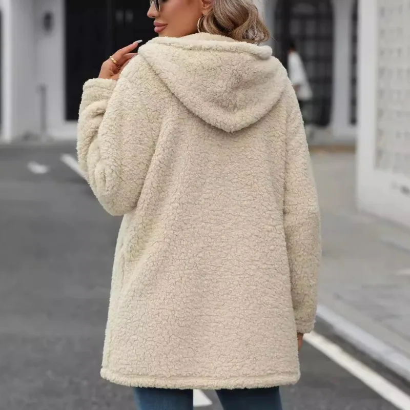 Women Clothing Jacket Casual Fashion Autumn and Winter Cardigan Hooded Mid Long Zipper Loose Plush Jacket for Women 2024 New