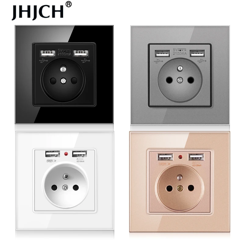 Jhjch-tomada de Parede Padrão Francês Tomada Porta Dupla Carregador Usb Preto Branco Ouro 86 Painel de Vidro 16a 2100ma