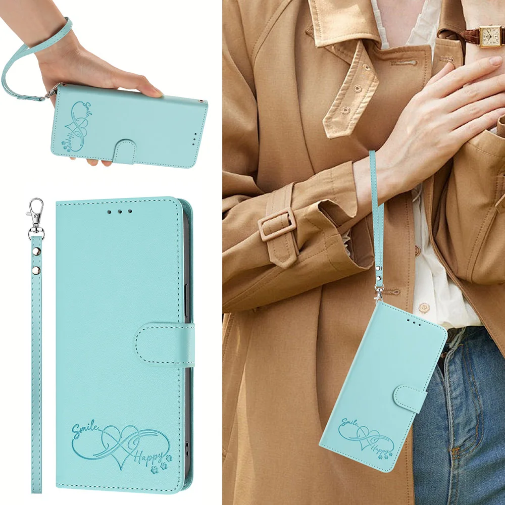 Leather Stand Wallet Phone Cover with Card Holder and Strap