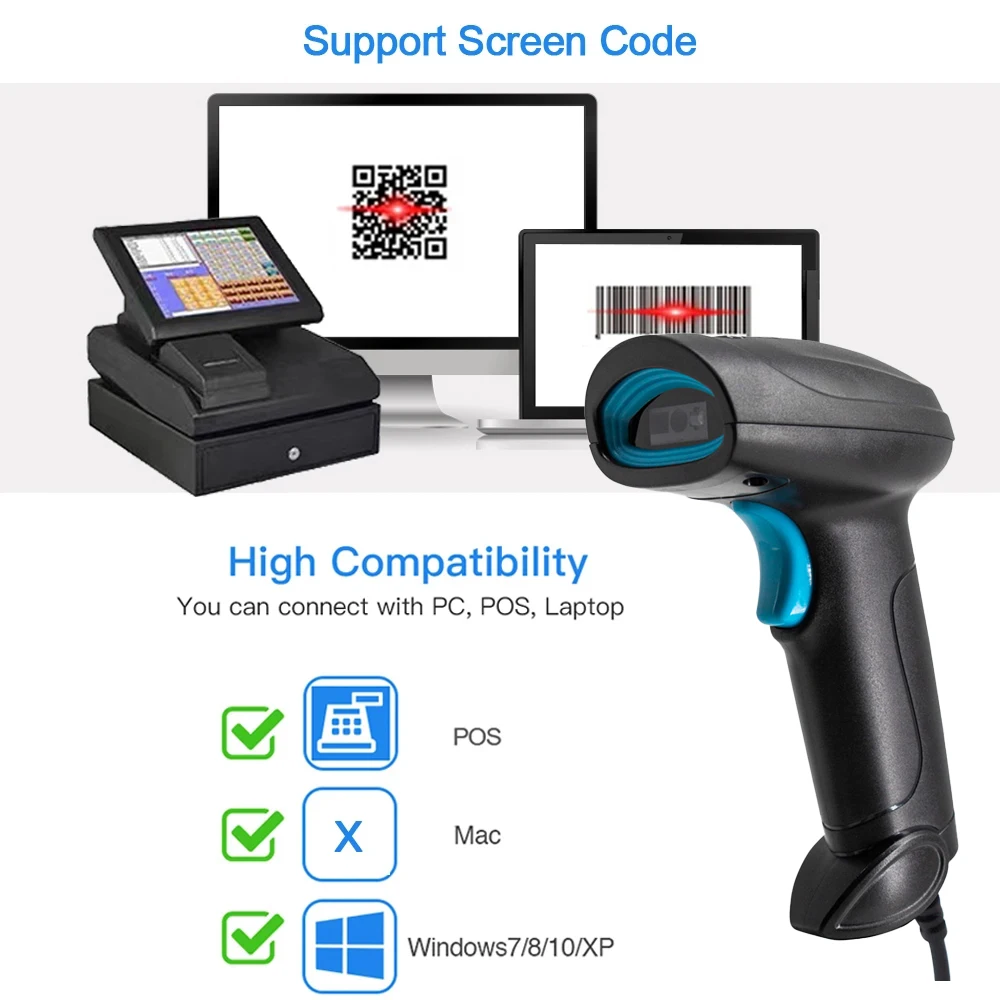 2D Bluetooth Wireless/Wired Barcode Scanner Portable Handheld 1D/2D QR Code Reader Quick Identify Scan CMOS for Retail Warehouse