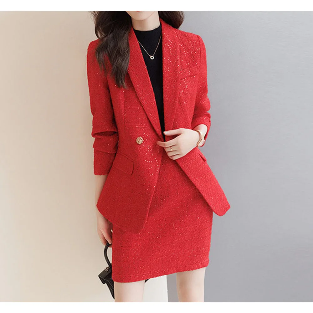 

Tesco Women Suit 2 Piece Blazer And Skirt Shawl Lapels Coat Pencil Skirt Red Sets For New Year Wear Slim Chic Suit ropa de mujer