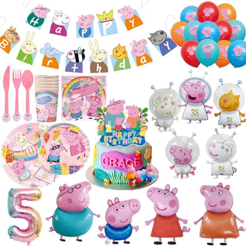 Cartoon Peppaed Pigs Birthday Party Decoration George Page Paper Plates Disposable Tableware Balloon For Kid Event Supplies Cartoon Peppaed Pigs Birthday Party Decoration George Page Paper Plates Disposable Tableware Balloon For Kid Event Supplies