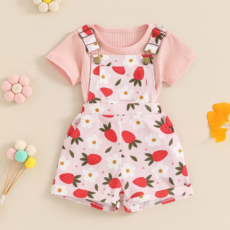 

Suefunskry Toddler Girl Summer Outfit Solid Color Ribbed Short Sleeve Tops and Flower Print Suspender Shorts Overalls 2Pcs Set