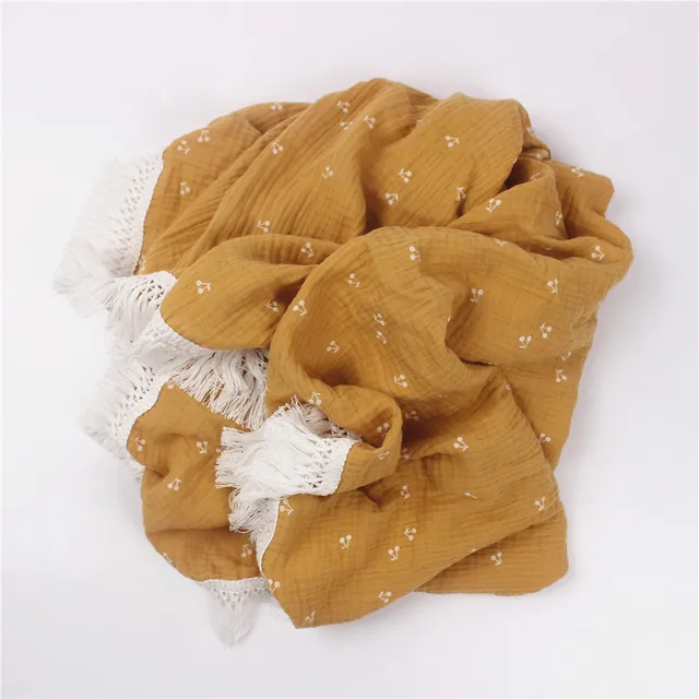 Cotton Muslin Swaddle Blankets for Newborn Baby Tassel Receiving Blanket New Born Swaddle Wrap Infant Sleeping Quilt Bed Cover Cherry