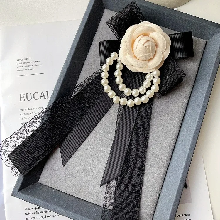 Bow Tie Women's Bow Tie Brooch White Camellia Pearl Chain Lace Ribbon Handmade Jewelry Korean College Style