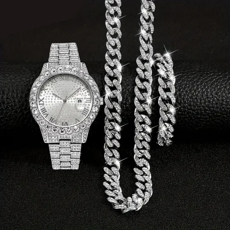 3pcs/set 15mm Necklace+Bracelet+Watch Cuban Chain Watch Hip Hop Miami Curb Iced Out Paved Rhinestone Rapper Cuban men Jewelry