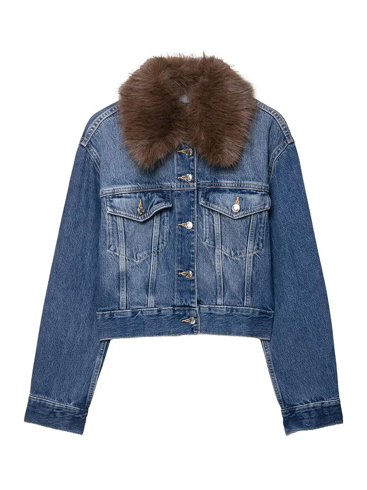 HH Women Fashion Faux Fur Collar Denim Jacket Coat Single Breasted Long Sleeve Jackets With Pockets High Street Lady Outerwear