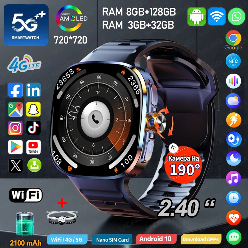 4G Full Network 5G Smart Watch 8GB+128GB RAM 2.40 Inch Big Screen HD Video Call 2100mAh Google Play WIFI GPS Sim Card Smartwatch_voghion.com