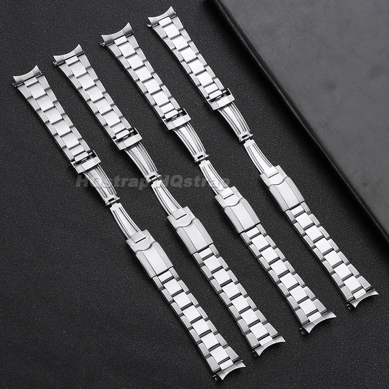 Elegant Curved End Stainless Steel Watch Band with Deployment Clasp - Durable Metal Strap