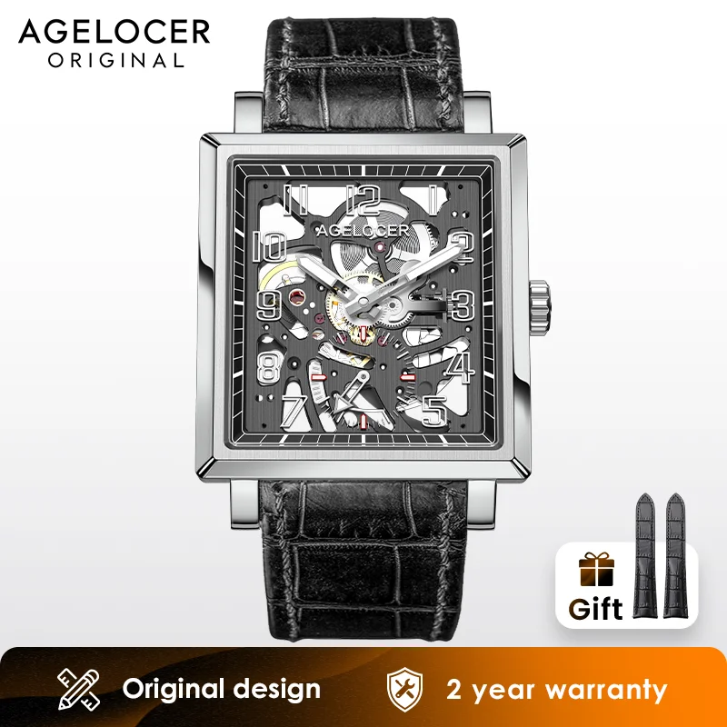 AGELOCER Codex Original Brand Men's Square Hollow Luminous Manual Mechanical Watch Birthday Gift for Men