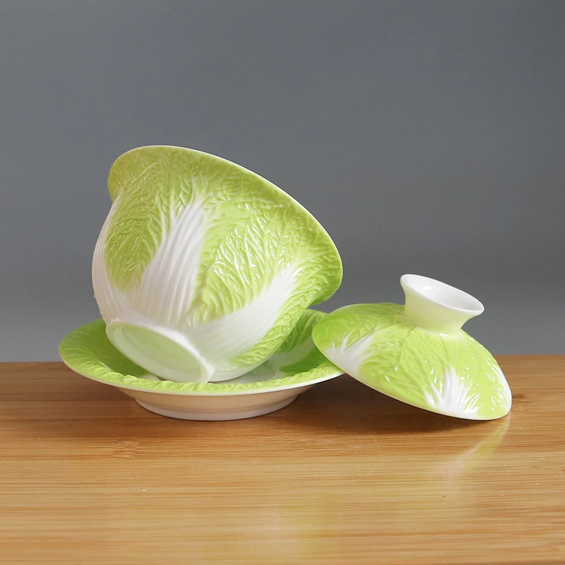 Baicai covered bowl, Yangzhi jade white porcelain tea bowl, ceramic tea set, Kung Fu teas set with lid, gaiwan 180ml，gift