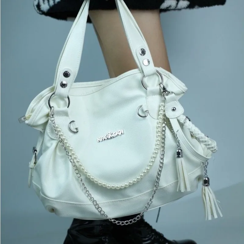 MBTI Original Y2k Womens Handbag White Goth Pearl Chains Fashion Tote Bag Aesthetic Large Capacity Designer Daily Shoulder Bag