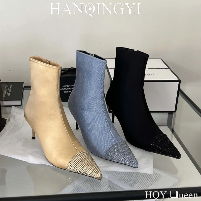 

Ladies Ankle Stretch Boots Rhinestones Heels Modern Party Autumn Elegant Zipper Female Shoes For Women Pumps Short Sock Booties