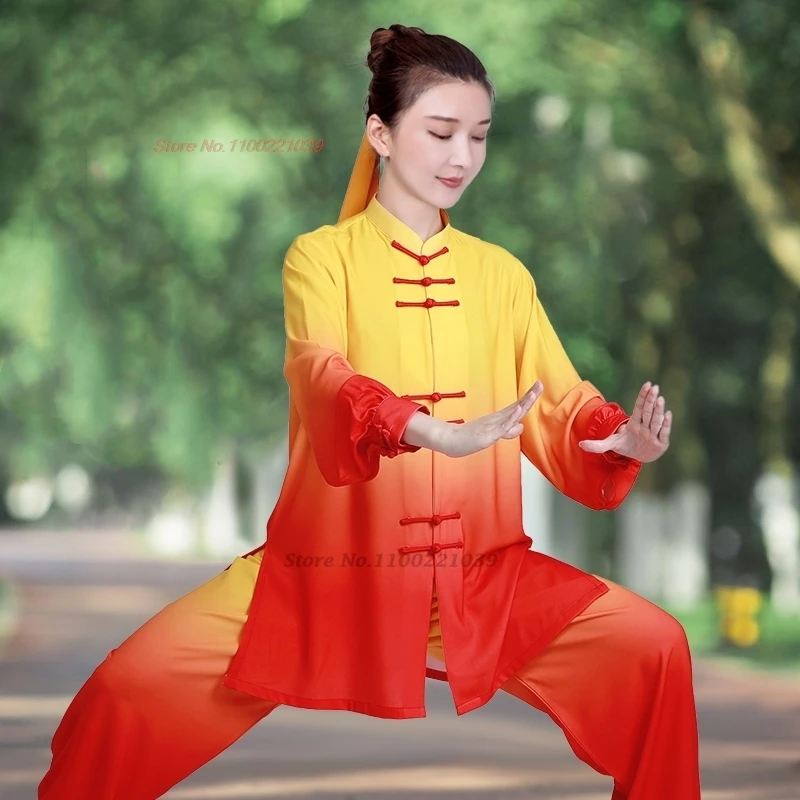 2024 Cinese Vintage Martial Art Uniform Tai Chi Clothes National Gradient Color Wushu Exercise Clothing Kungfu Tops + Pants Set