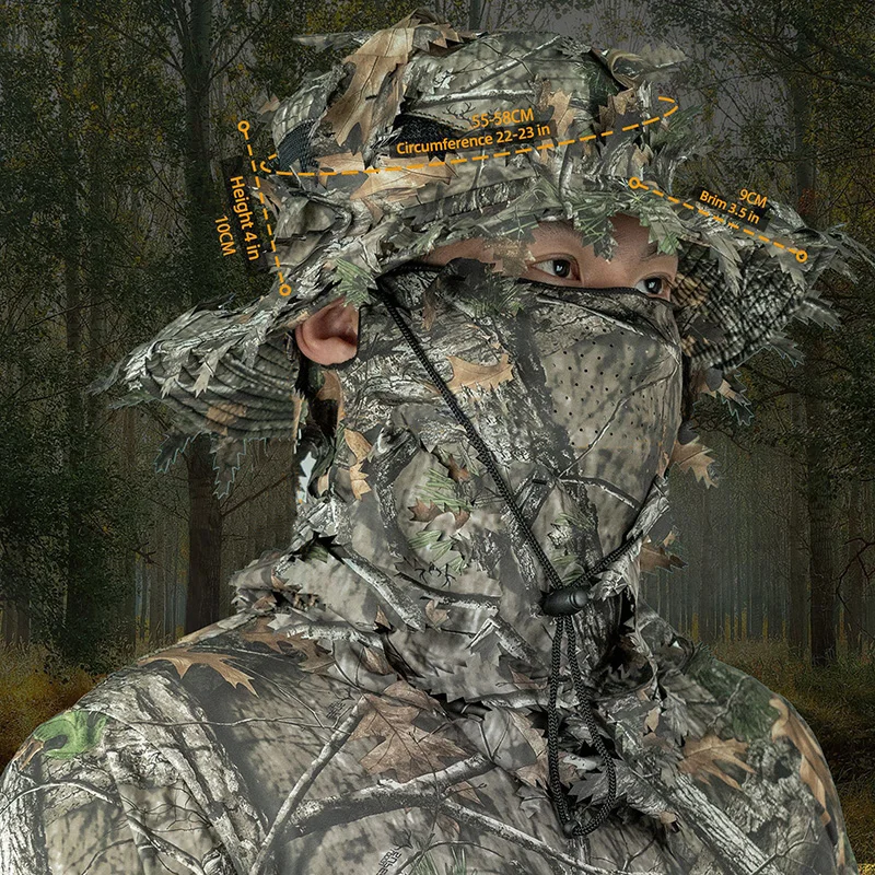Outdoor Bionic Tree Hunting Bucket Hat Polyester Camping Hiking Hunting with 3D Maple Leaf Hidden Jungle Hat Sun Protection Cap