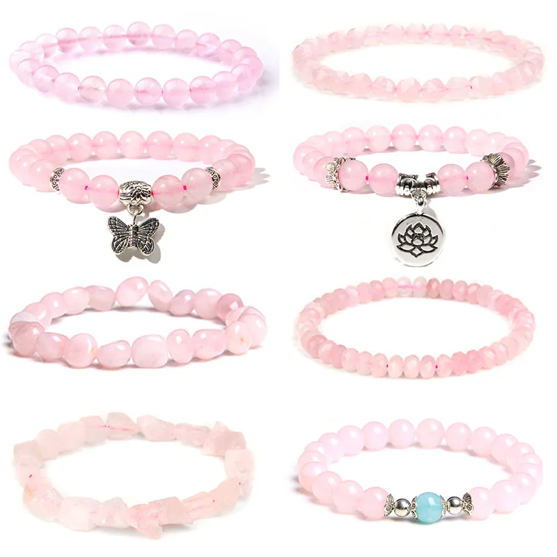 

Trendy Rose Quartzs Bracelet Pink Crystal Beads Bracelets Stretch Natural Stone Charms Bangles Healing Women Jewelry Reiki Gift