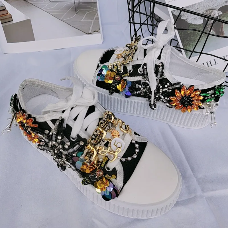 

New Trends 2023 Black Canvas Casual Women's Sneakers Sports Shoes Luxury Rhinestones Diamond Platform Tennis Trainers Flats