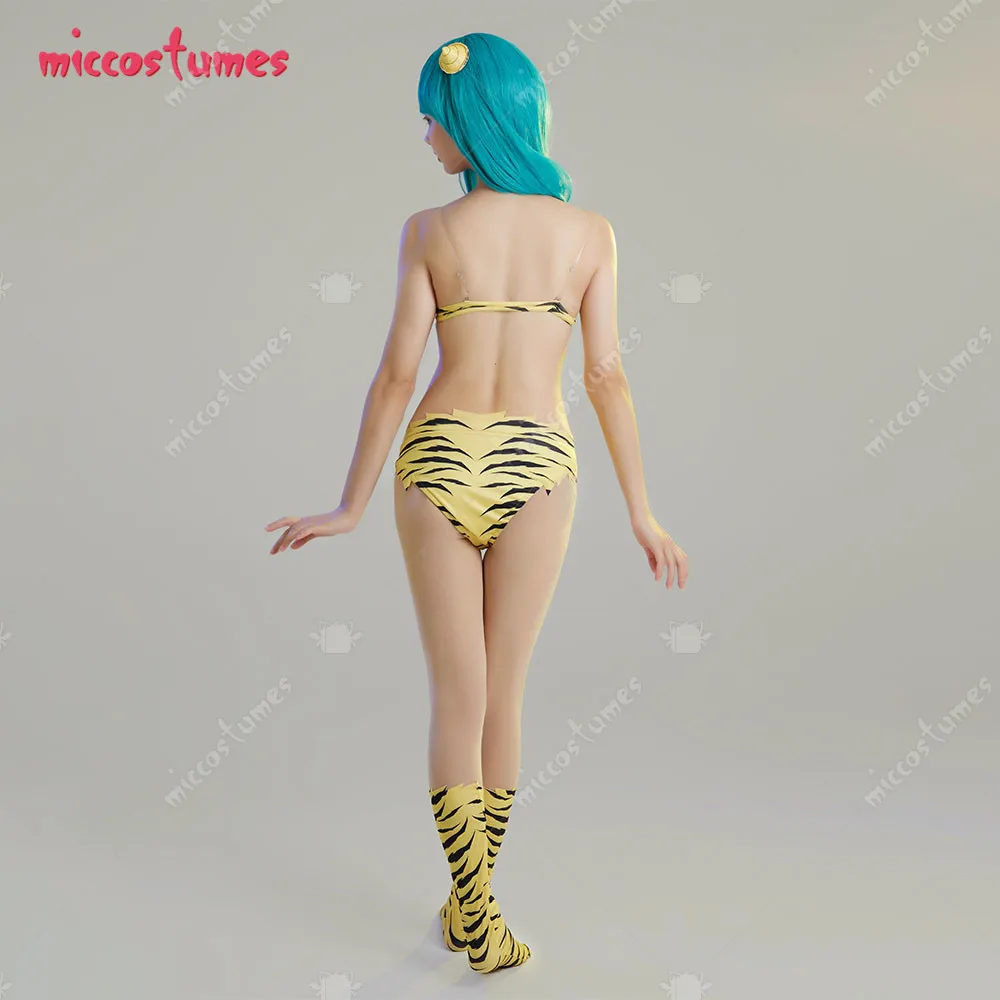 Frauen Lum Cosplay Bikini Badeanzug Set mit Haar-Accessoire und Socken 5