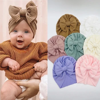 Elastic Baby Turban Hat Bowknot Soft Cotton Kids Baby Girl Hats Solid Color Newborn Cap Bonnet Spring Autumn Children Caps 1